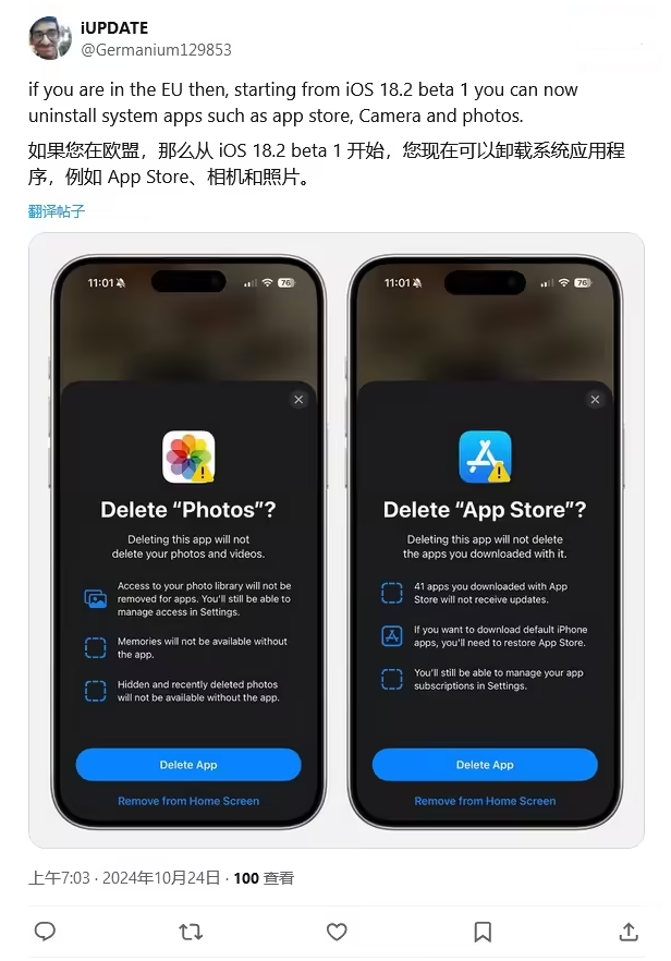 新城镇苹果手机维修分享iOS 18.2 支持删除 App Store 应用商店 