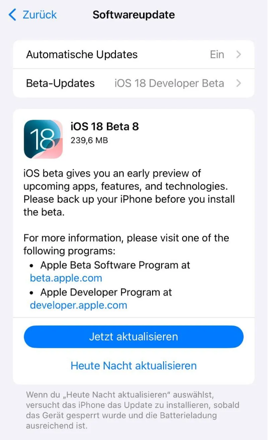 新城镇苹果手机维修分享苹果 iOS / iPadOS 18 开发者预览版 Beta 8 发布 